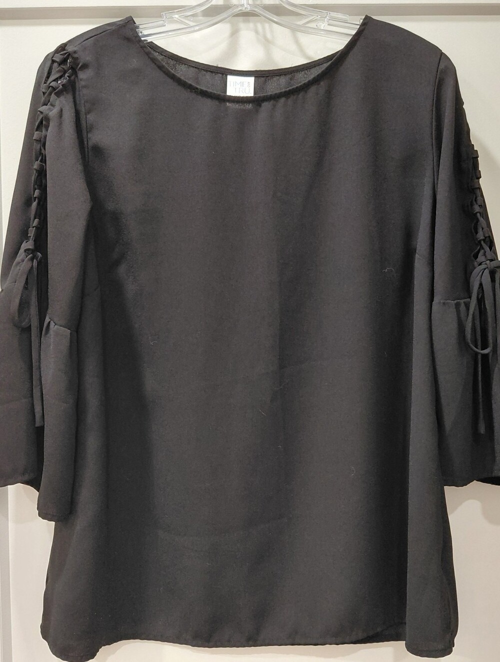 Time and Tru Black Sz L (12-14) Lace-Up Sleeve Blouse